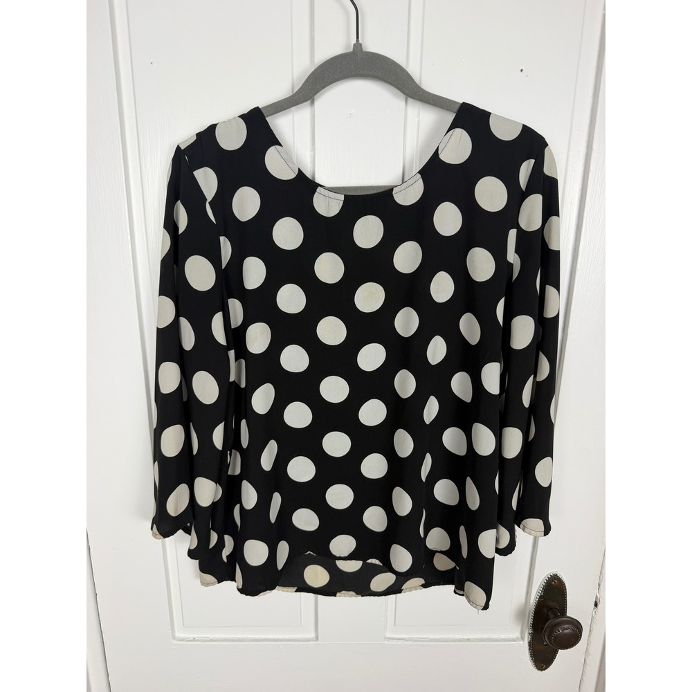 W5 Black White Polka Dot Blouse Women's L Long Sleeve Crew Neck Zip Back